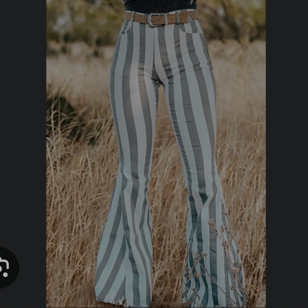 MUMU BLUE NWT HIGH WAIST FLARE LEG JEANS GREY WHITE STRIPE SIZE 30